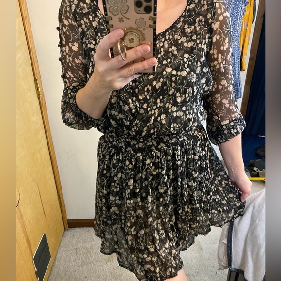 NWT Poupette St Barth Fifi Cerise Crinkle Black Floral Silk Dress